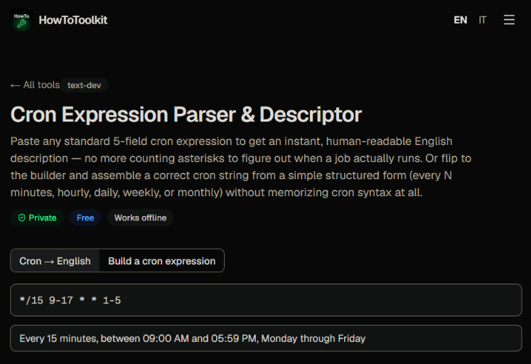 Screenshot of Cron Expression Parser & Descriptor