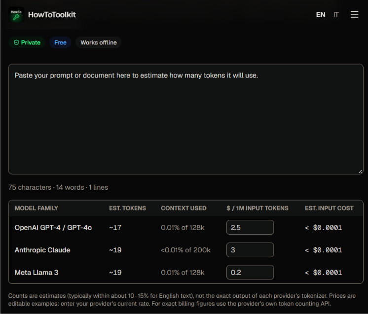 Screenshot of AI Token Counter & API Cost Estimator